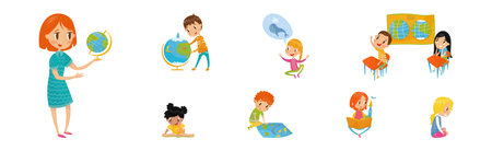 Kids at School Lesson Studying and Learning Vector Setのイラスト素材