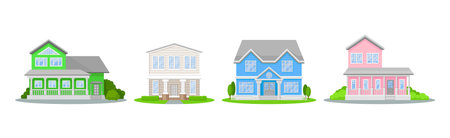 Residential Houses Exterior with Green Bushes and Tree Vector Setのイラスト素材