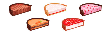 Sweet Homemade Pie or Cheesecake Halves with Berry Filling and Crust Made of Shortcrust Pastry Vector Illustration Setのイラスト素材