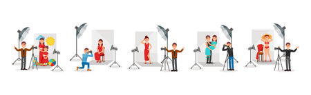 Man Photographer with Camera Taking Photo of People Vector Illustration Set