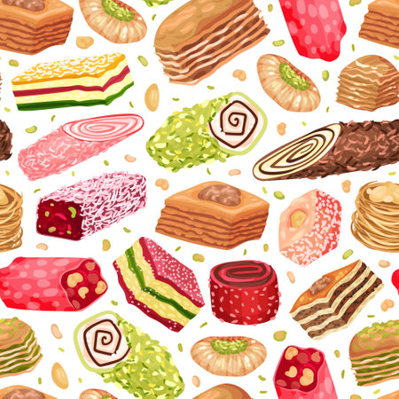 Oriental Sweets Seamless Pattern Design with Sugary Dessert Vector Templateのイラスト素材