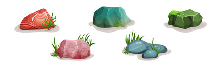 Rocks and Stones with Green Grass Vector Setのイラスト素材