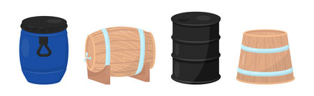 Metal and Wooden Barrel with Fluid Closed Vector Setのイラスト素材