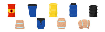 Metal and Wooden Barrel with Fluid Closed Vector Setのイラスト素材