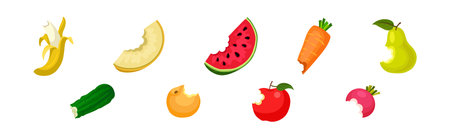 Bitten Fruits and Vegetables Isolated on White Background Vector Setのイラスト素材