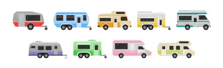 Rv Campers or Recreational Vehicle and Camping Trailer Vector Setのイラスト素材