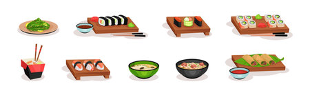 Chinese and Japanese Meal with Soup in Bowl, Laminaria and Sushi Vector Setのイラスト素材