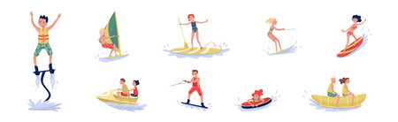 People Characters Engaged in Water Summertime Sport Vector Illustration Setのイラスト素材