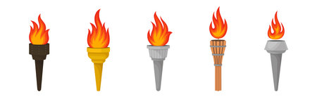 Torch with Brightly Burning Fire on Top as Ignited Light Source Vector Setのイラスト素材