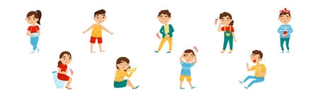 Sick Kids Feeling Unwell and Sick Vector Setのイラスト素材
