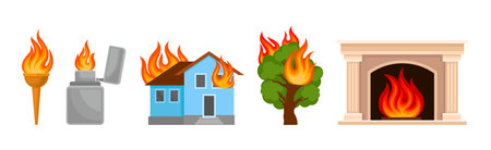 Flaming and Burning Objects with House and Tree on Fire Vector Set