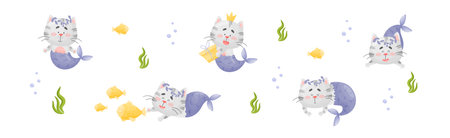 Cute Cat Mermaid with Fish Tail Floating Underwater Vector Setのイラスト素材