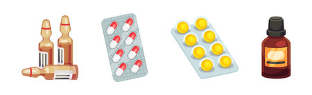 Different Drugs and Medicine with Tablet and Pills in Vial and Blister Pack Vector Setのイラスト素材