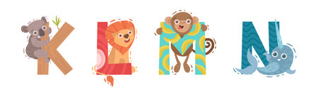 Animals Alphabet for Kids with Capital Letters and Funny Mammal Vector Setのイラスト素材