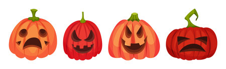 Spooky Pumpkin Smiley with Cutout Eyes and Mouth Vector Setのイラスト素材