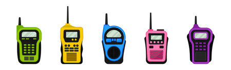 Colorful Portable Radio Device or Walkie Talkie with Antenna Vector Setのイラスト素材