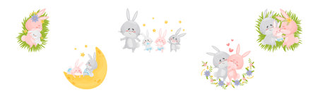 Rabbit Family with Bunny Mom and Dad Loving Their Cub Vector Setのイラスト素材