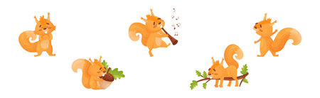 Fluffy Squirrel Character with Bushy Tail Engaged in Different Activity Vector Setのイラスト素材