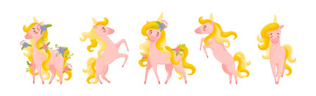 Pink Unicorn with Slender Legs and Golden Mane Vector Setのイラスト素材