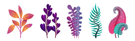 Abstract Plants and Foliage with Unusual Shapes and Colors Vector Setのイラスト素材