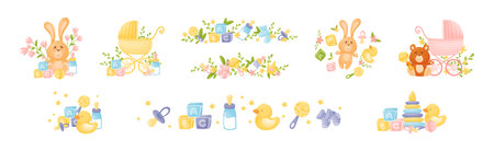 Newborn and Baby Accessories Arranged in Sweet Composition with Floral Elements Vector Setのイラスト素材