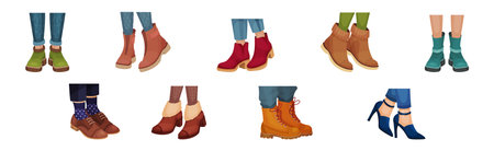 Female Legs Wearing Fashion Shoes and Footwear Vector Setのイラスト素材