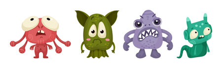 Cute Little Monsters with Horns and Big Eyes Expressing Emotion Vector Setのイラスト素材