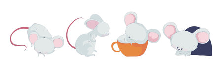 Funny White Mouse Character with Long Pink Tail Vector Setのイラスト素材