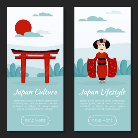 Japan Travel Banner Design with Traditional Symbols Vector Templateのイラスト素材