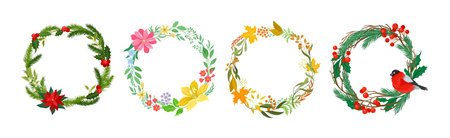 Different Floral Branches and Twigs Arranged in Wreath Vector Setのイラスト素材