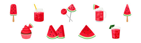 Fresh and Juicy Watermelon Candy, Eskimo and Lemonade Jar Vector Setのイラスト素材