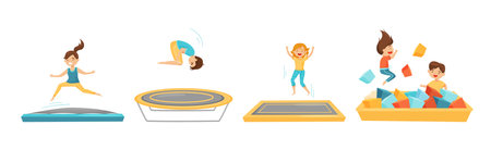 Happy Kids Jumping on Trampoline Bouncing and Having Fun Vector Setのイラスト素材