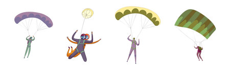 Paratroopers or Parachutist Free-falling and Descenting with Parachutes Vector Setのイラスト素材