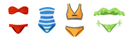 Stylish Swimsuit as Clothing for Sun Bathing and Water Sport Activity Vector Setのイラスト素材