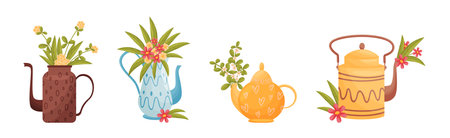 Teapot with Lid and Spout with Blooming Flowers Peeped Out Vector Setのイラスト素材