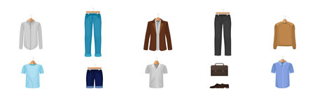 Man Clothing with Jeans, Jacket, Shirt and Trousers on Wooden Hanger Vector Setのイラスト素材