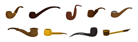 Tobacco Pipe with Chamber, Thin Hollow Stem and Mouthpiece Vector Setのイラスト素材