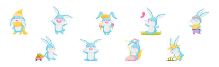 Cute Rabbit with Long Ears Engaged in Different Activities Vector Setのイラスト素材