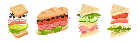 Sandwich with Ingredient Layers Between Bread Slices Vector Setのイラスト素材