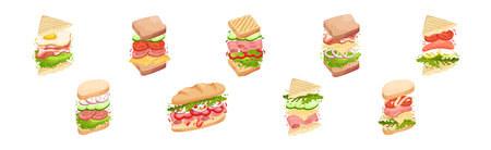 Sandwich with Ingredient Layers Between Bread Slices Vector Setのイラスト素材