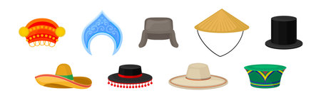 Various National Headdress and Hat as Ethnic Head Cover Vector Setのイラスト素材