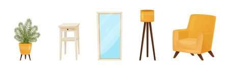 Room Interior Design Elements with Houseplant, Chair, Mirror, Lamp and Armchair Vector Setのイラスト素材