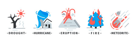 Natural Disaster Icons with Drought, Hurricane, Eruption, Fire and Meteorite Vector Set