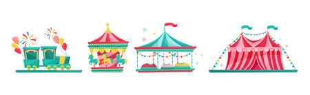Colorful Amusement Park Funfair Carousels and Attraction Vector Setのイラスト素材