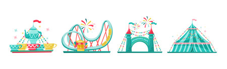 Colorful Amusement Park Funfair Carousels and Attraction Vector Setのイラスト素材
