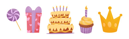 Birthday Party Object with Gift Box, Cake, Crown and Candy Vector Setのイラスト素材