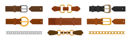 Leather Belt with Metal Buckle and Chain Vector Set