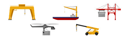 Different Crane as Construction Machine with Hoist Rope for Lifting Heavy Object Vector Setのイラスト素材