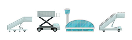 Airport Transport with Ladder Car and Glass Building Vector Setのイラスト素材
