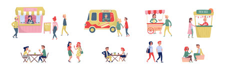 People Characters Eating Street Food Outdoor Vector Setのイラスト素材